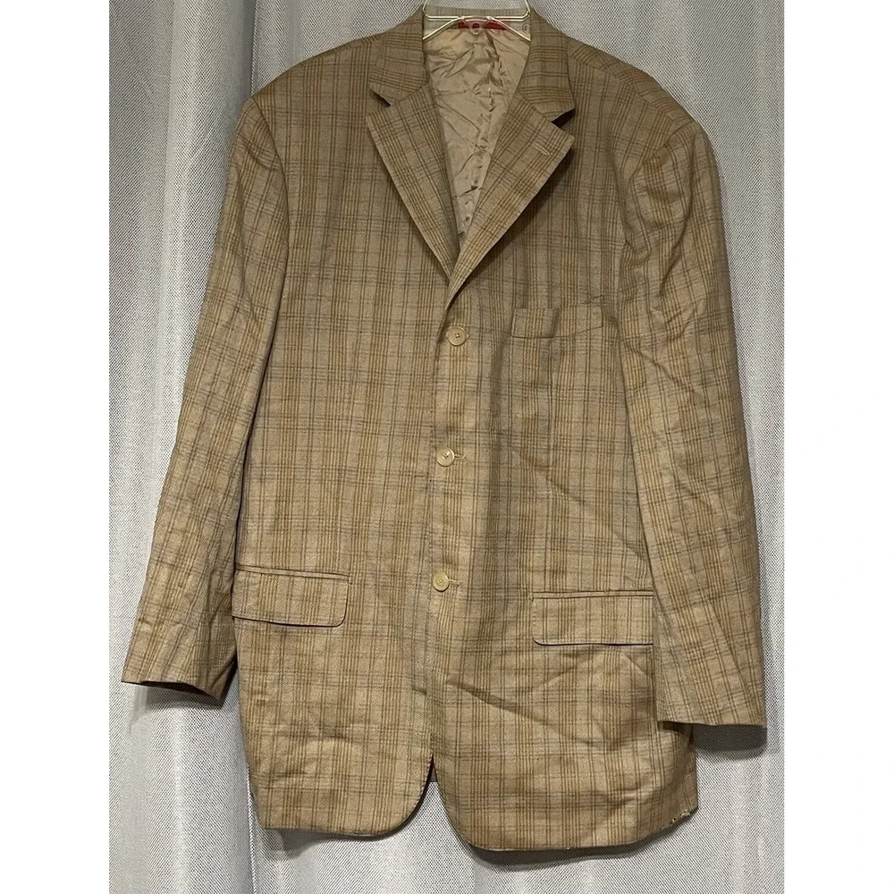 Isaia Napoli Jacket Mens 3Button SportCoat 140s Wool Brown Plaid 56IT US46 Flaws